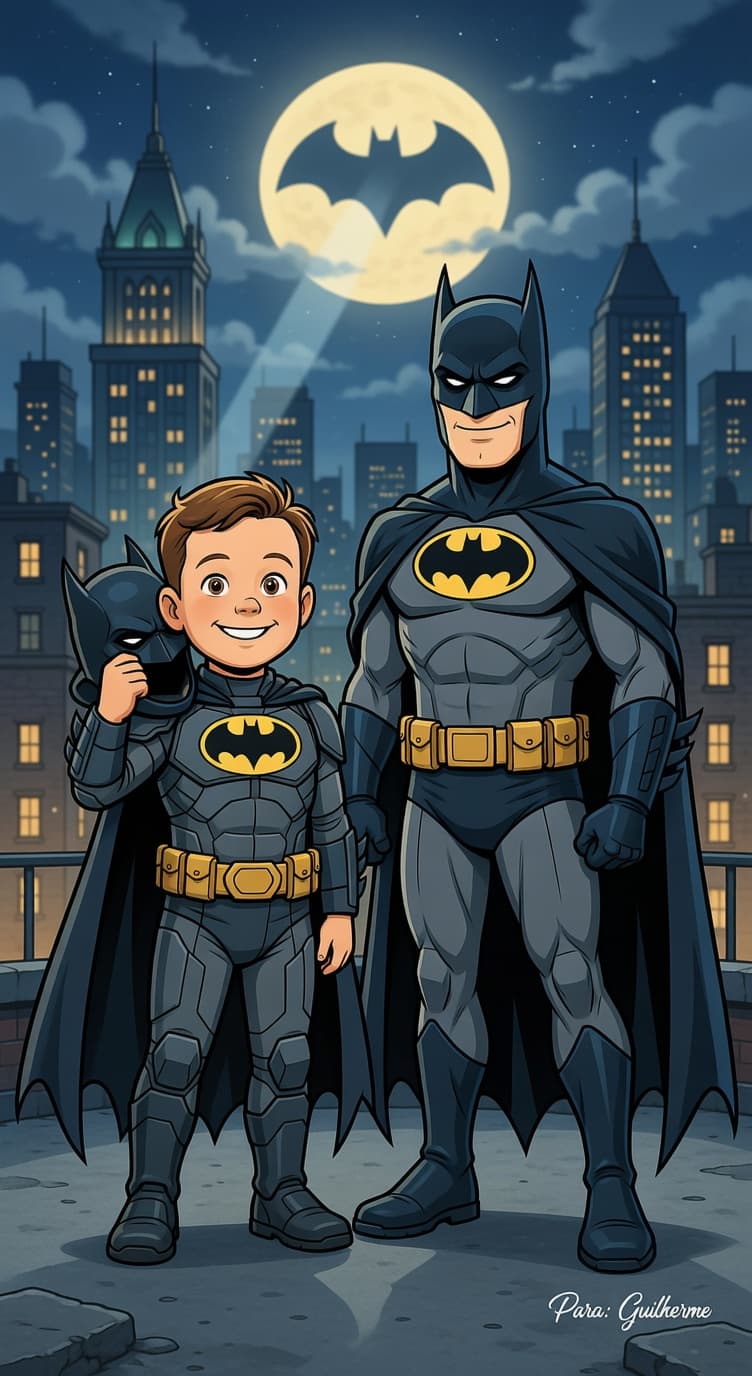 Retrato mágico do Guilherme em Gotham ao lado do Batman.