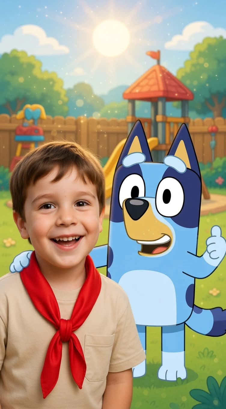 Retrato mágico do Guilherme no parque ao lado da Bluey.