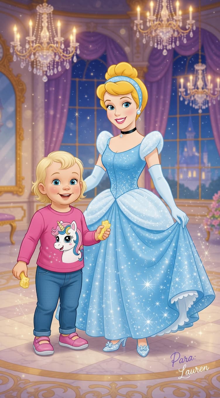 Retrato mágico da Lauren em um castelo ao lado da Cinderela.