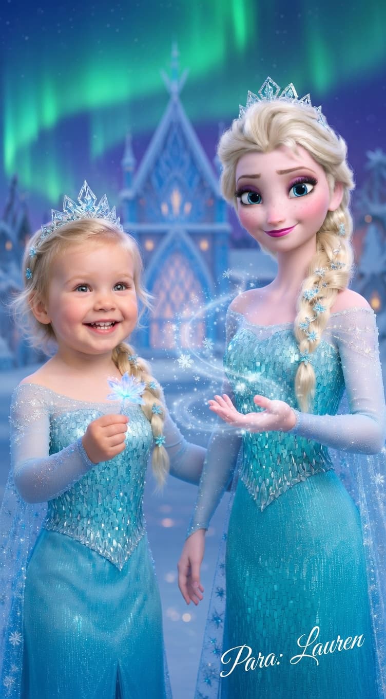 Retrato mágico da Lauren vestida como princesa do gelo ao lado da Elsa.