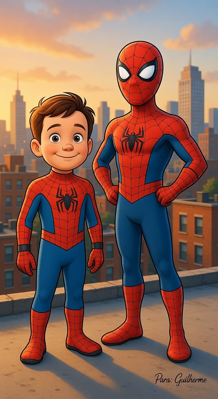Retrato mágico do Guilherme em um terraço da cidade ao lado do Homem-Aranha.