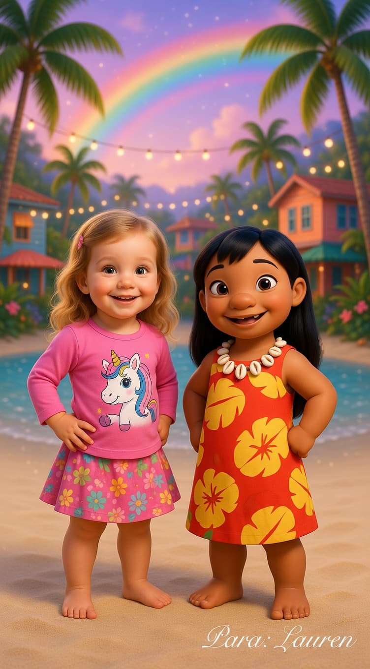 Retrato mágico da Lauren em uma praia colorida ao lado da Lilo.