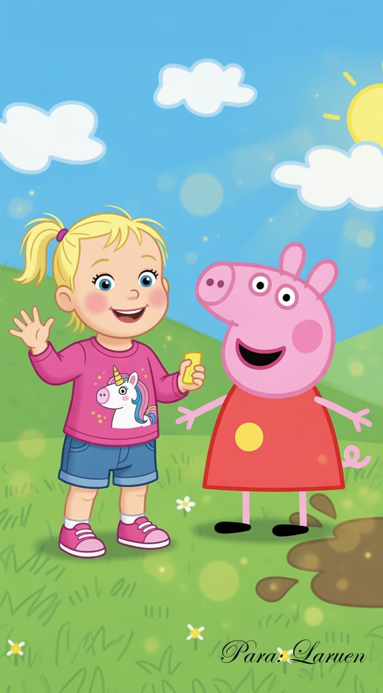 Retrato mágico da Lauren em um jardim ensolarado ao lado da Peppa Pig.