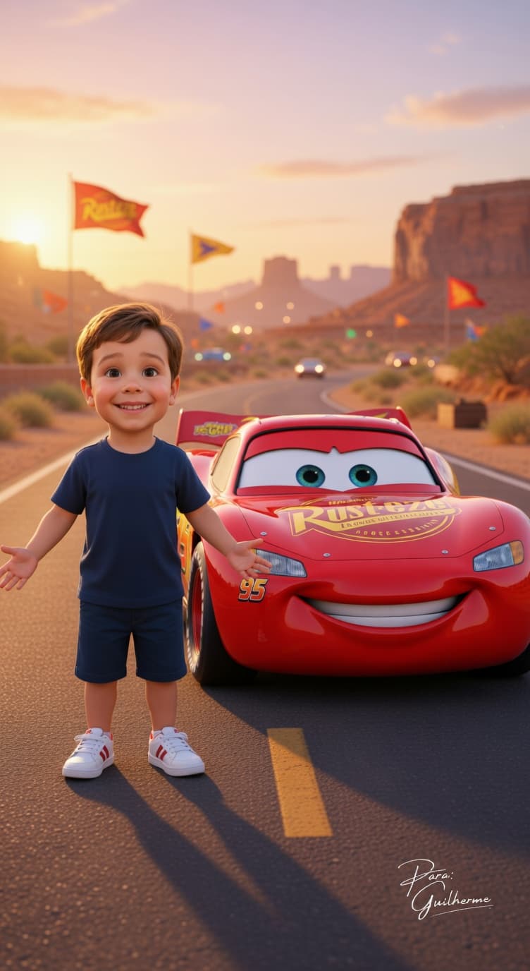 Retrato mágico do Guilherme em uma estrada de corrida ao lado do Relâmpago McQueen.