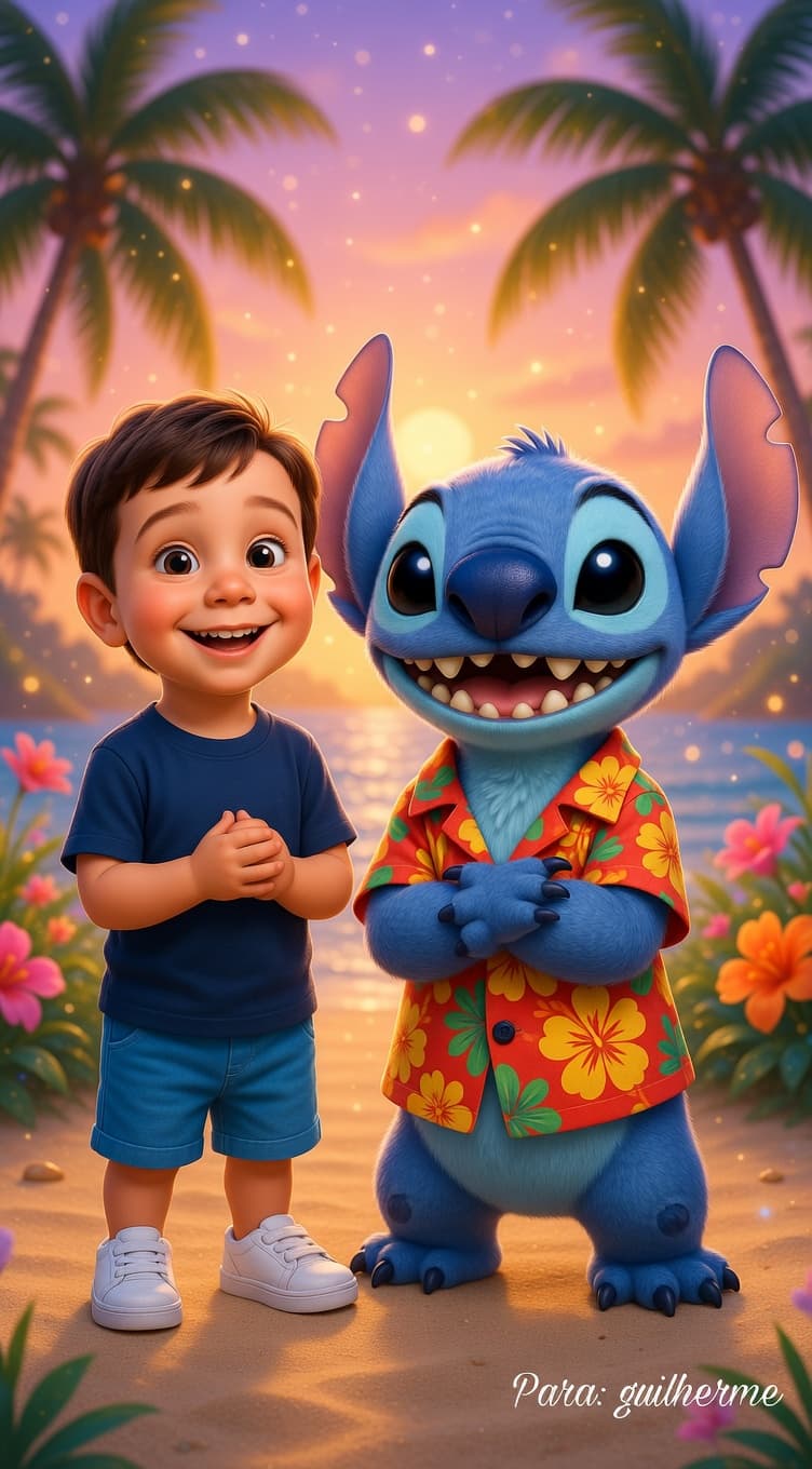 Retrato mágico do Guilherme em uma praia ao pôr do sol ao lado do Stitch.